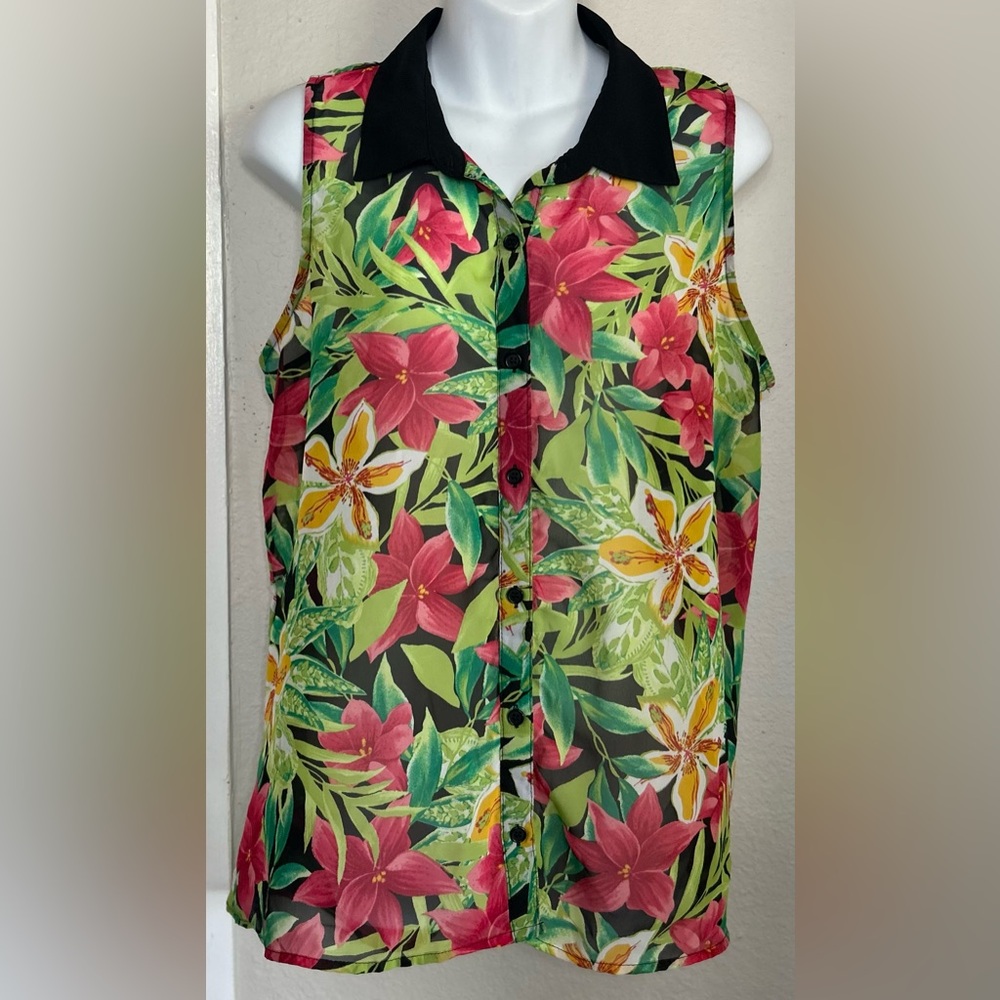 Six Degrees of Separation Green Floral Sleeveless Sheer Blouse Size XL